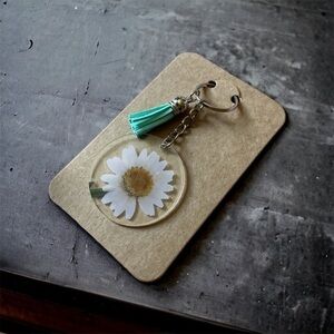 White Flower & Sea foam Green Tassel Keychain Handmade